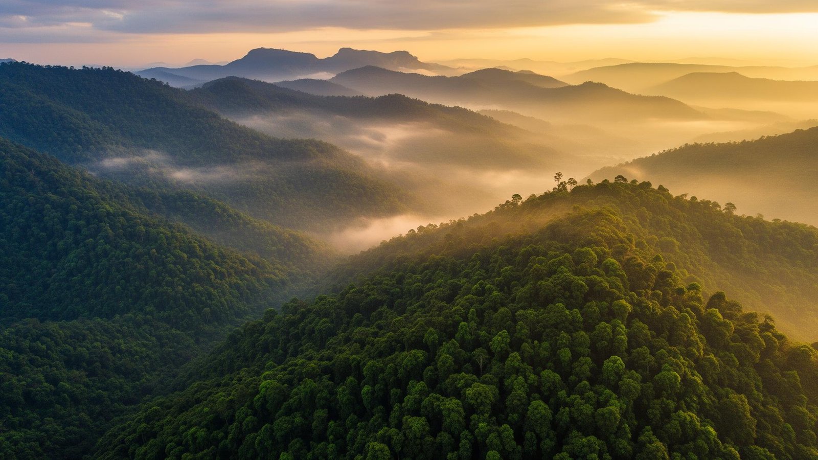 Aerial view of misty Western Ghats mountains at dawn